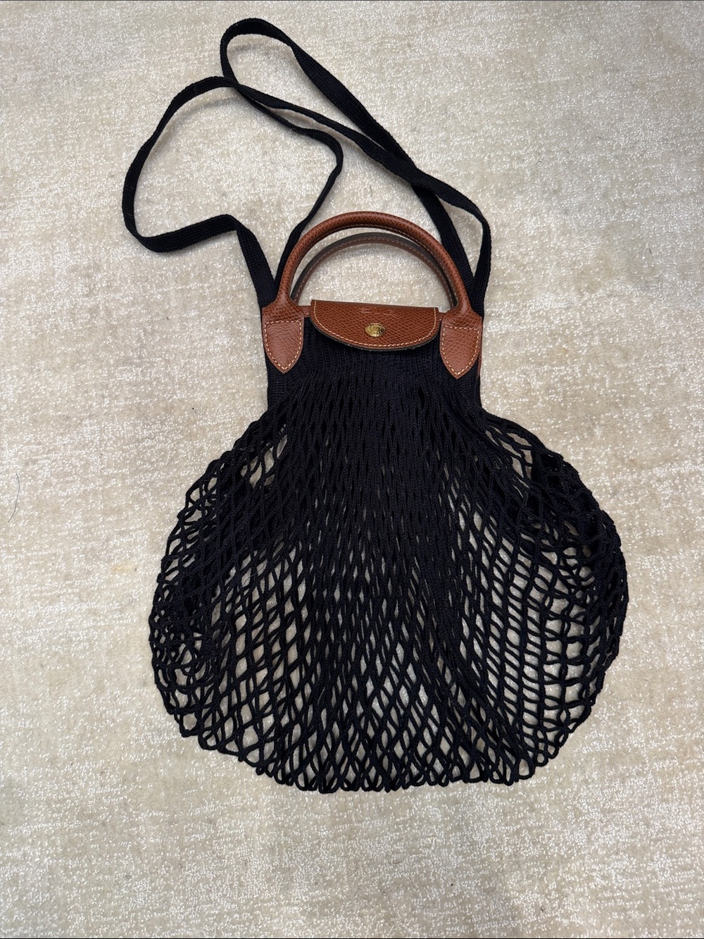 Longchamp Black Mesh Tote with Brown Leather Trim